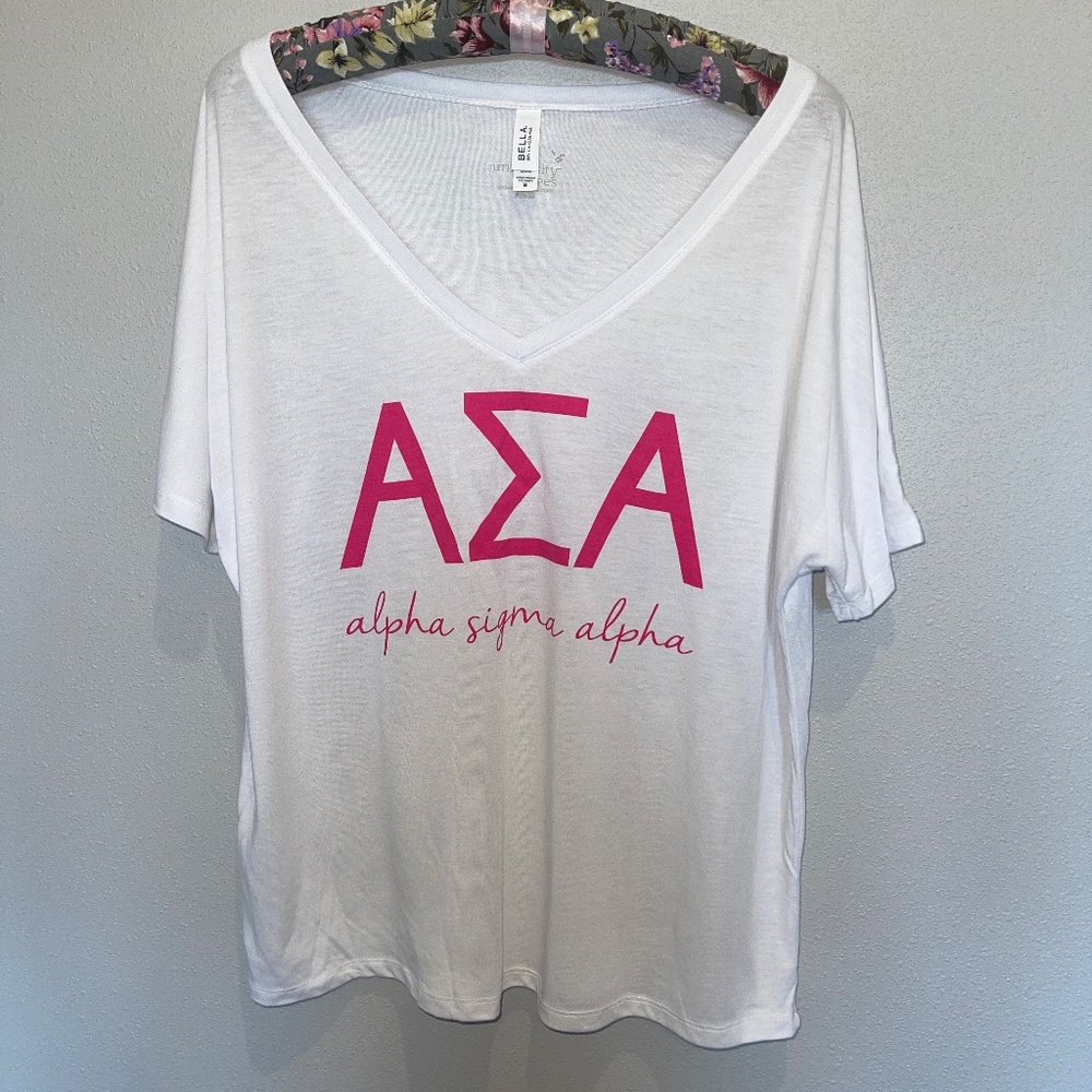 Alpha Sigma Alpha White Hot Pink Oversize V-Neck T-Shirt Sorority College Medium